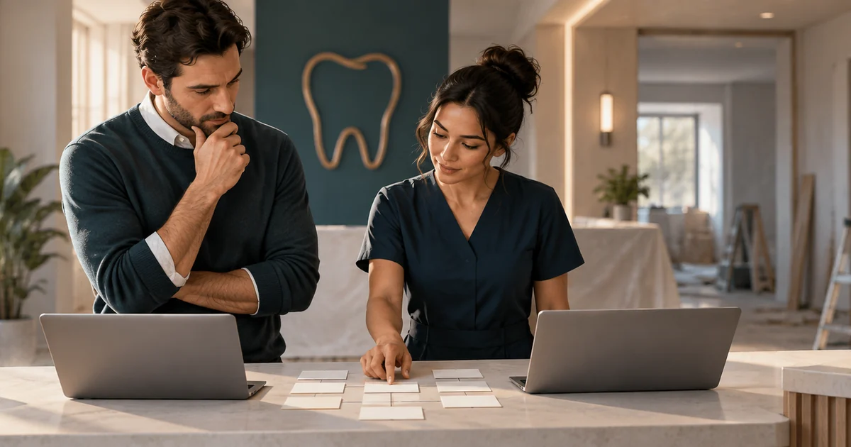 A future owner and receptionist compare laptops and workflow cards in a reception area.