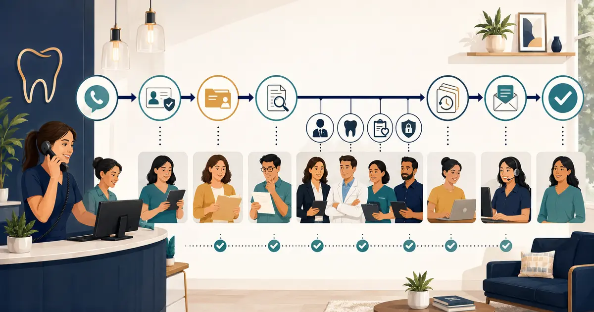 Dental front desk team routes a patient record correction through identity verification, source review, authorized decision, linked amendment, and response.