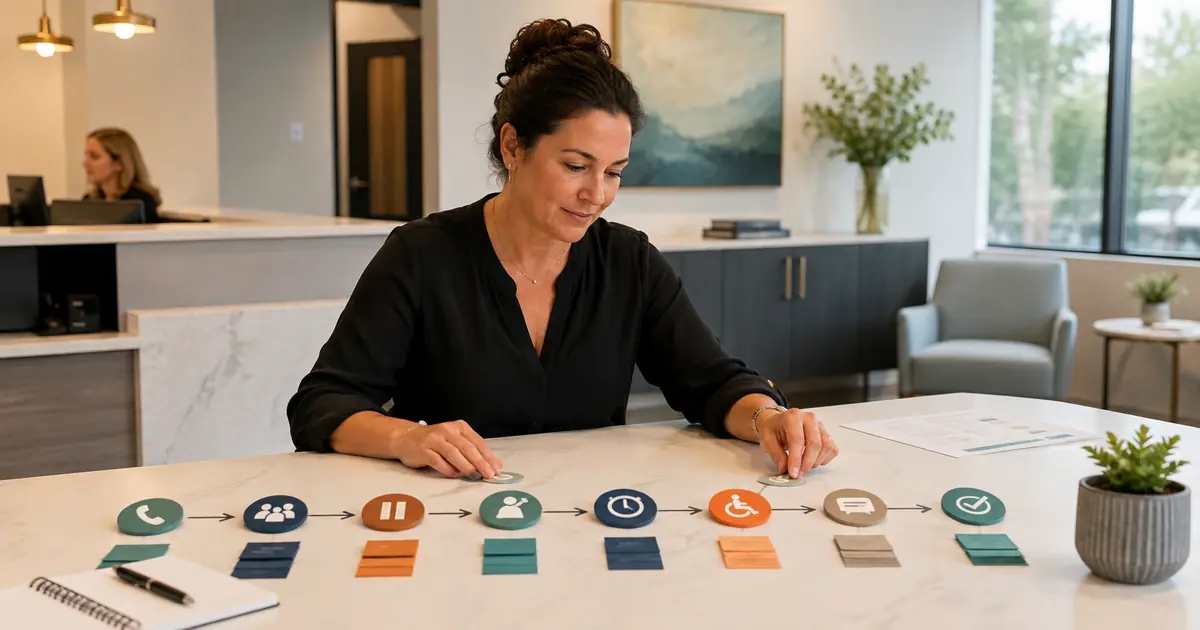 Dental office manager traces a caller journey from access and greeting through hold, handoff, request status, follow-up, accessibility, and resolution.