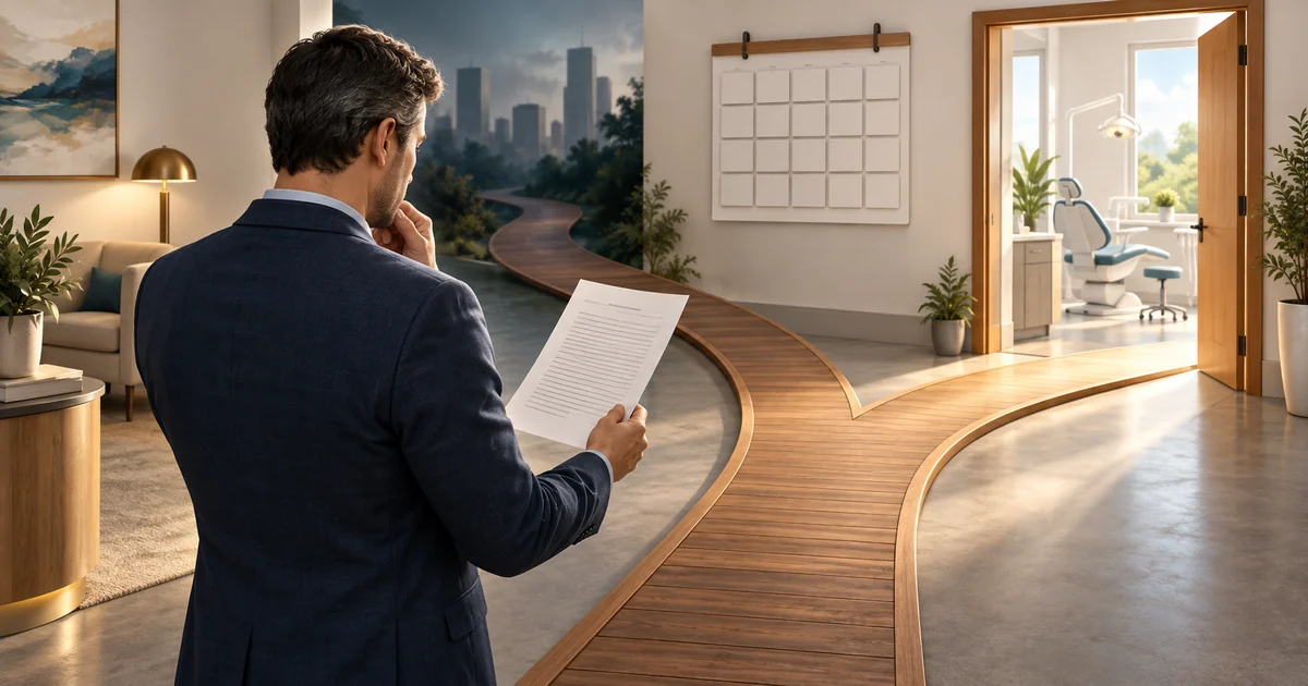 A practice owner reviews a contract beside a branching wooden path and a wall calendar.