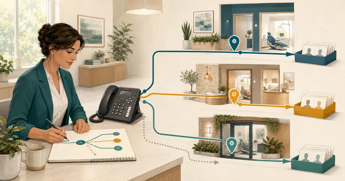 Dental office manager reviews three distinct call routes leading to organized request queues for separate practice locations.