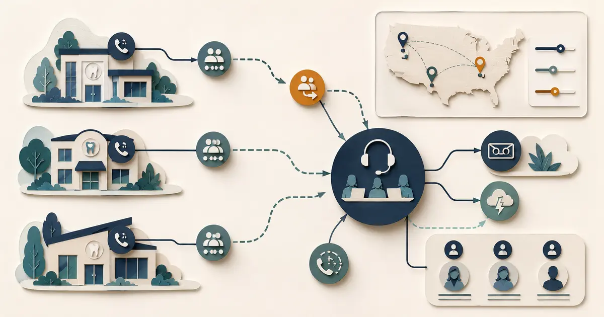 Dental office manager maps shared and local numbers through identity, business hours, queues, overflow, transfers, outages, reporting, and location-owned follow-up.