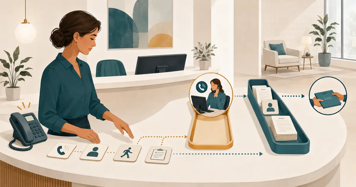 Dental office manager organizes ringing calls, patient requests, and batch work into a calmer front-desk workflow.