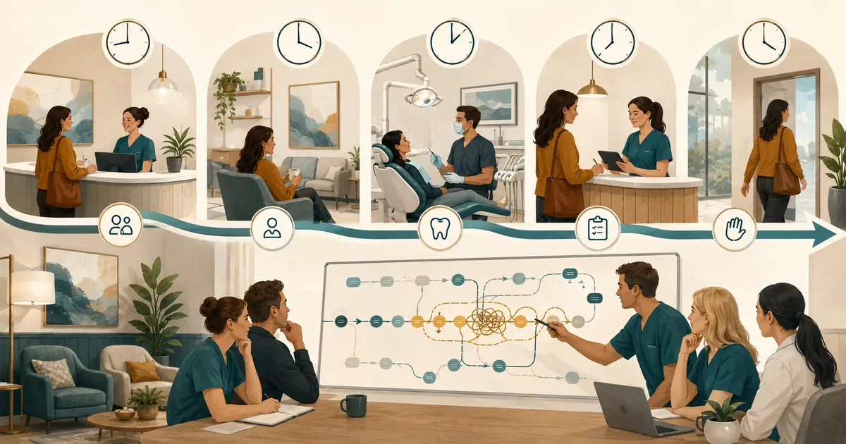 Dental front desk team maps patient arrival, check-in, rooming, provider start, checkout, and the delays between each step.
