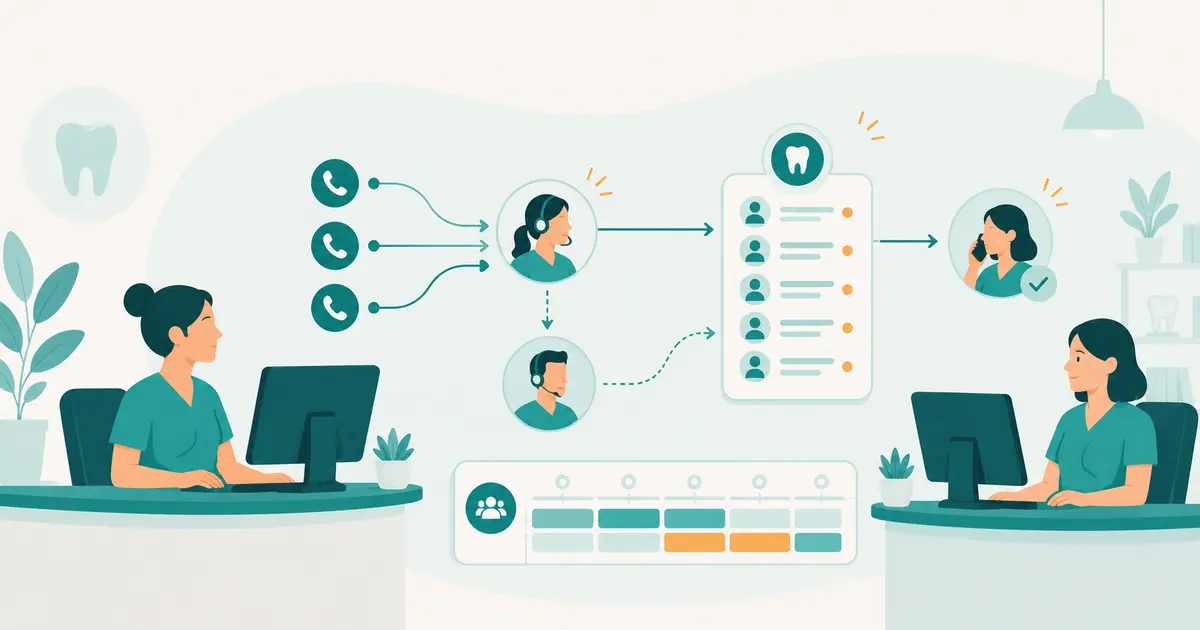Illustration of a dental front desk team routing calls through primary, backup, and callback queue paths.