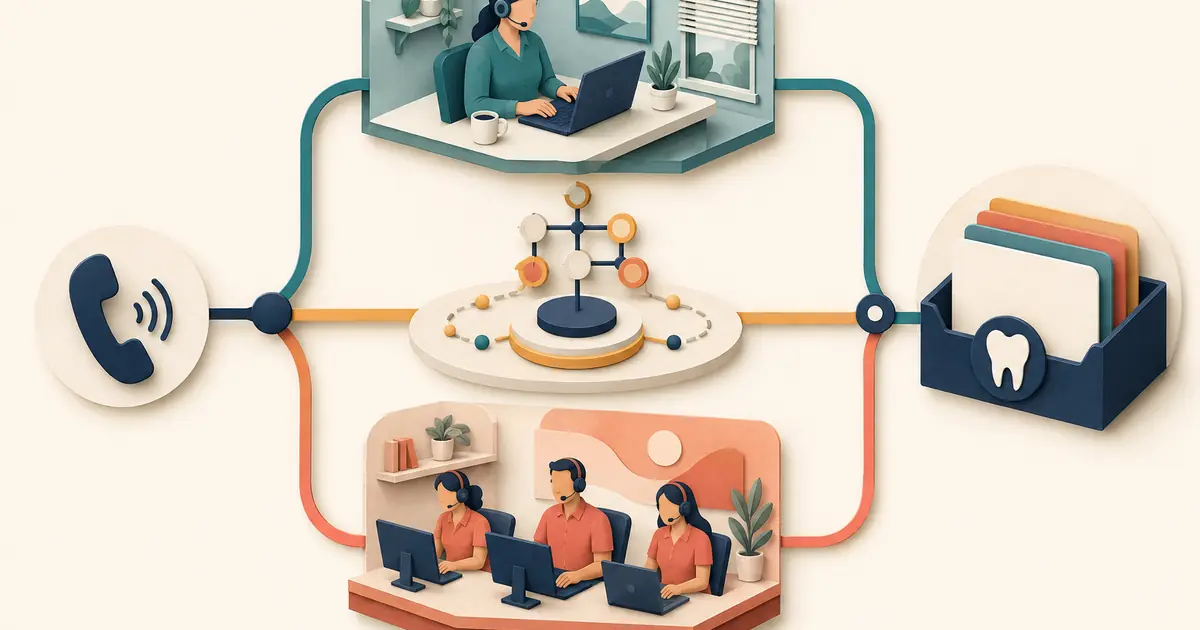 Dental practice owner compares remote staff, automated answering, and outsourced operator paths by scope, handoff, privacy, and cost.