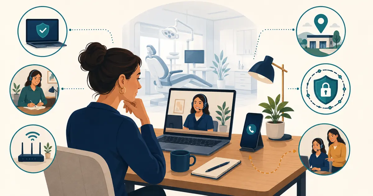 Remote dental receptionist works from a private professional workspace with a managed computer, headset, checklist, and secure phone tools.