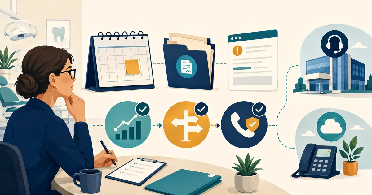 Dental office manager compares phone system performance, contract dates, devices, costs, and replacement options with the practice team.