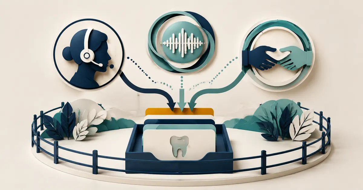 Future dental practice owner compares human, automated, and hybrid virtual receptionist paths feeding one controlled front desk follow-up queue.