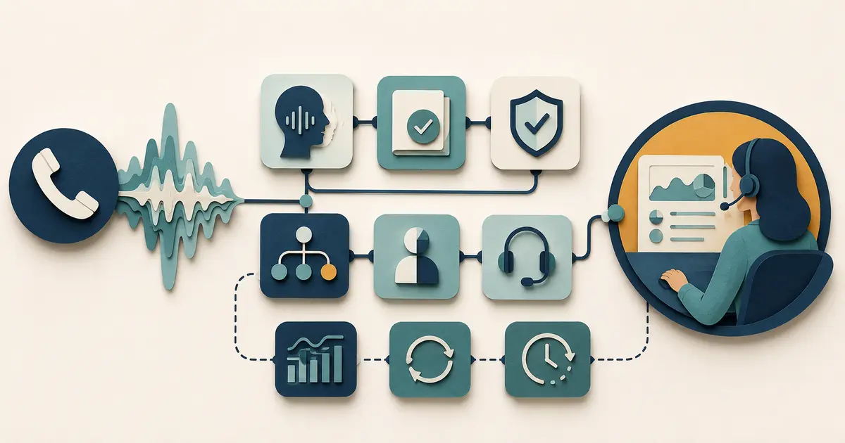 Front desk team examines voice input, speech recognition, approved knowledge, policy limits, routing, structured handoff, monitoring, and human review.