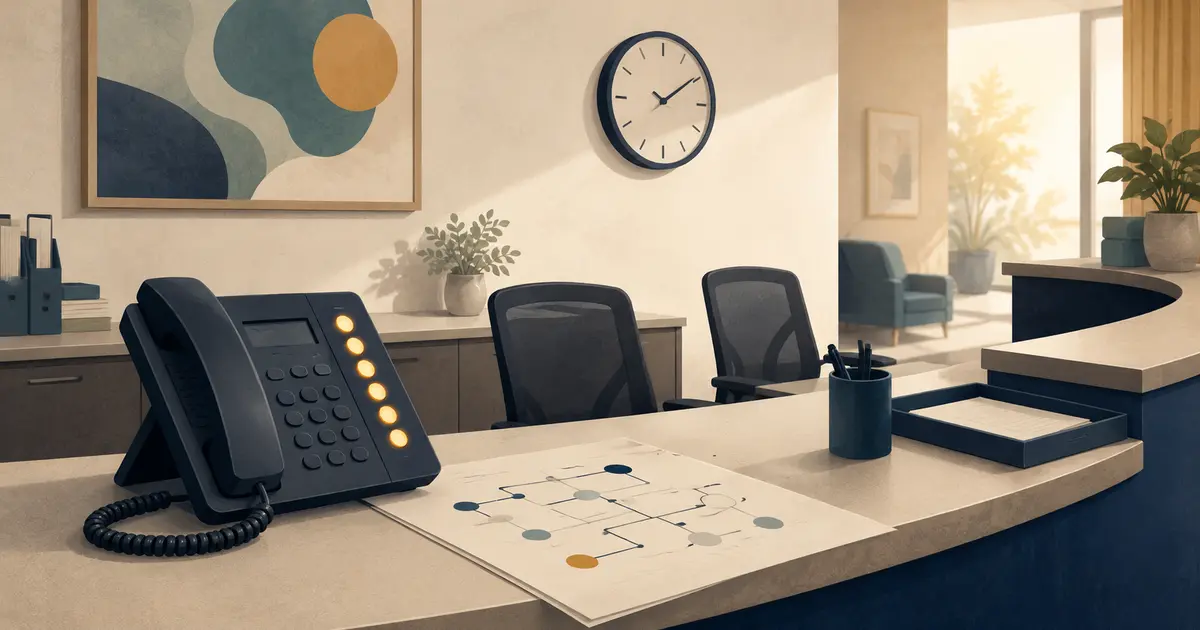 Practice owner traces incoming calls through a branching map of busy lines, unanswered rings, voicemail, handoffs, and callback ownership.